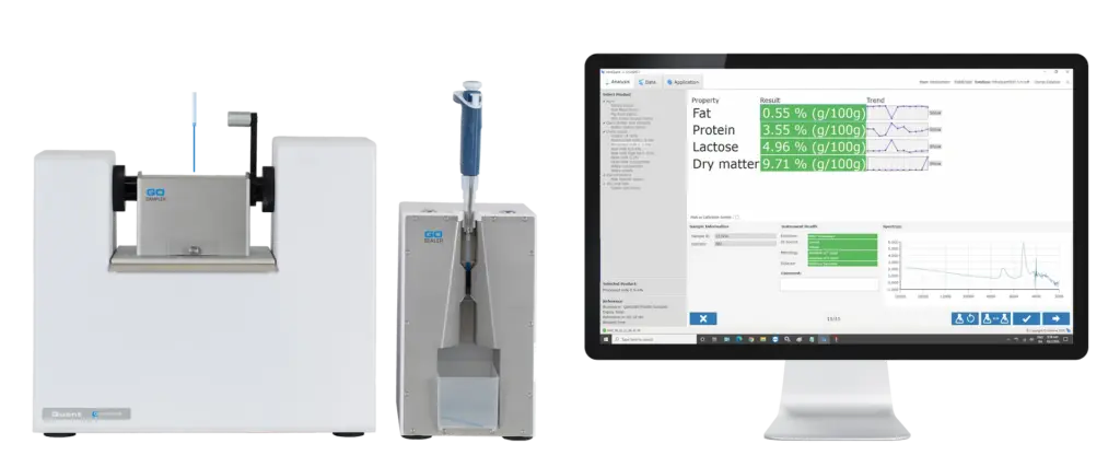 DairyQuant GO from Q-Interline for at-line milk analysis. Pivette Sealer, Pivette Sampler, InfraQuant software